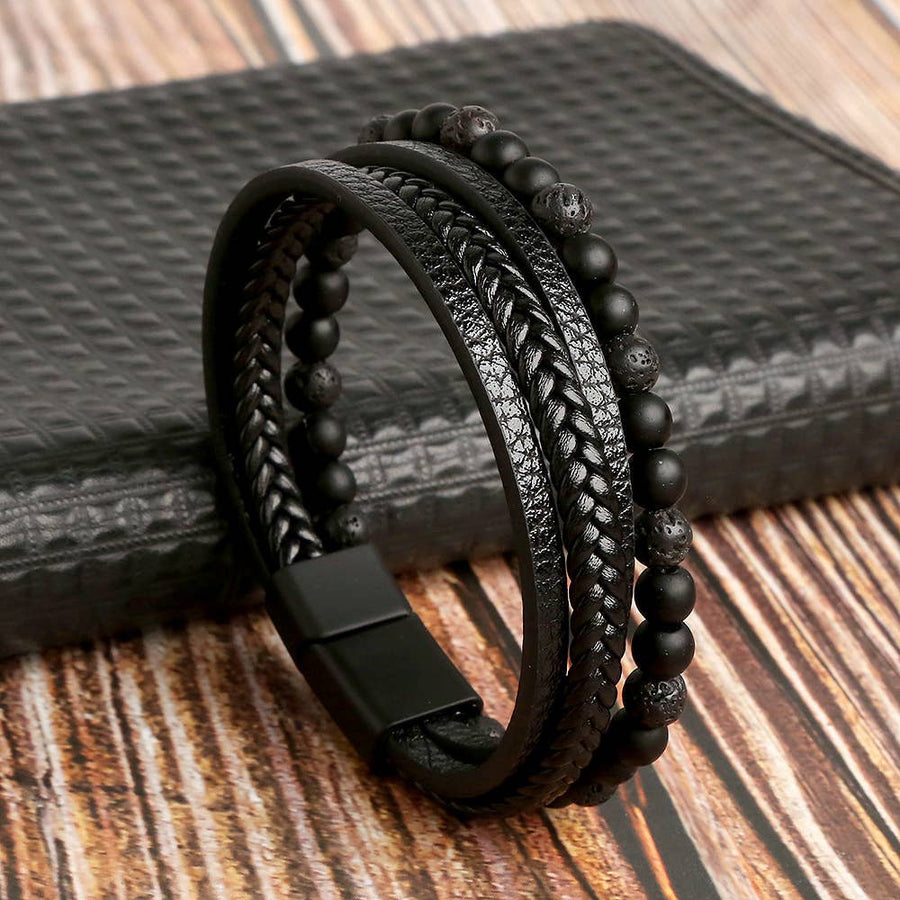 Black leather and beaded bracelet from Men’s 9 Inch Leather and Gemstone Bracelets LV7345