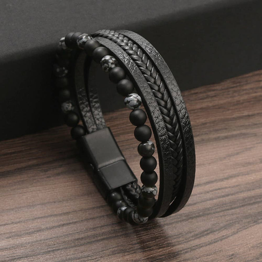 Black leather and beaded bracelet from the 9 Inch Leather and Gemstone Bracelets Men’s collection
