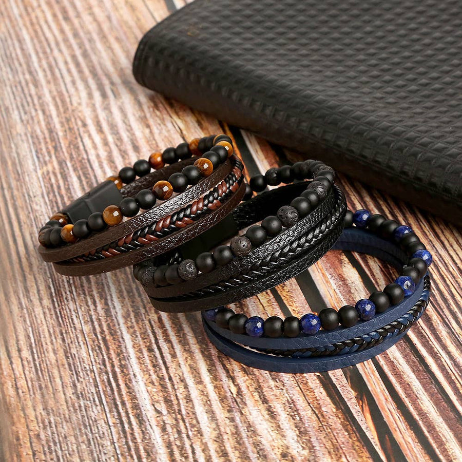 Three beaded leather bracelets in a men’s 9 inch gemstone and leather bracelet collection