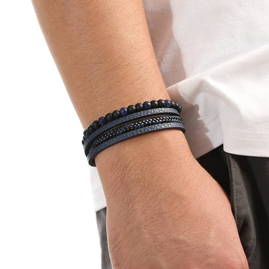 Multi-strand beaded and braided leather gemstone bracelet for men in Style LV7345