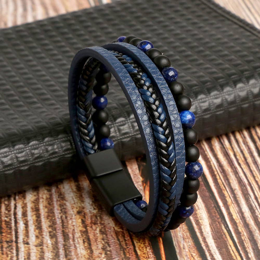 Blue and black multi-strand bracelet from 9 Leather and Gemstone Bracelets Men’s Style LV7345