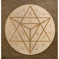 Wooden Merkaba Flower of Life coaster with star design, light brown