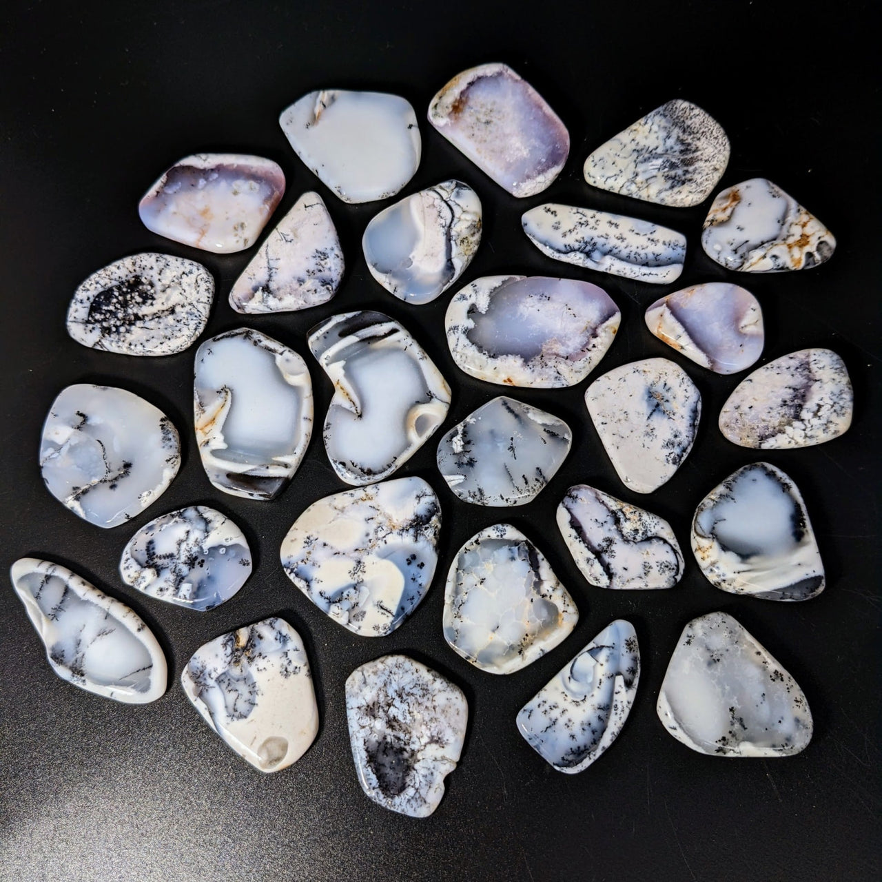 Close-up of flat-shaped Merlinite/Dendritic Agate Slice #LV2256 rocks on a table