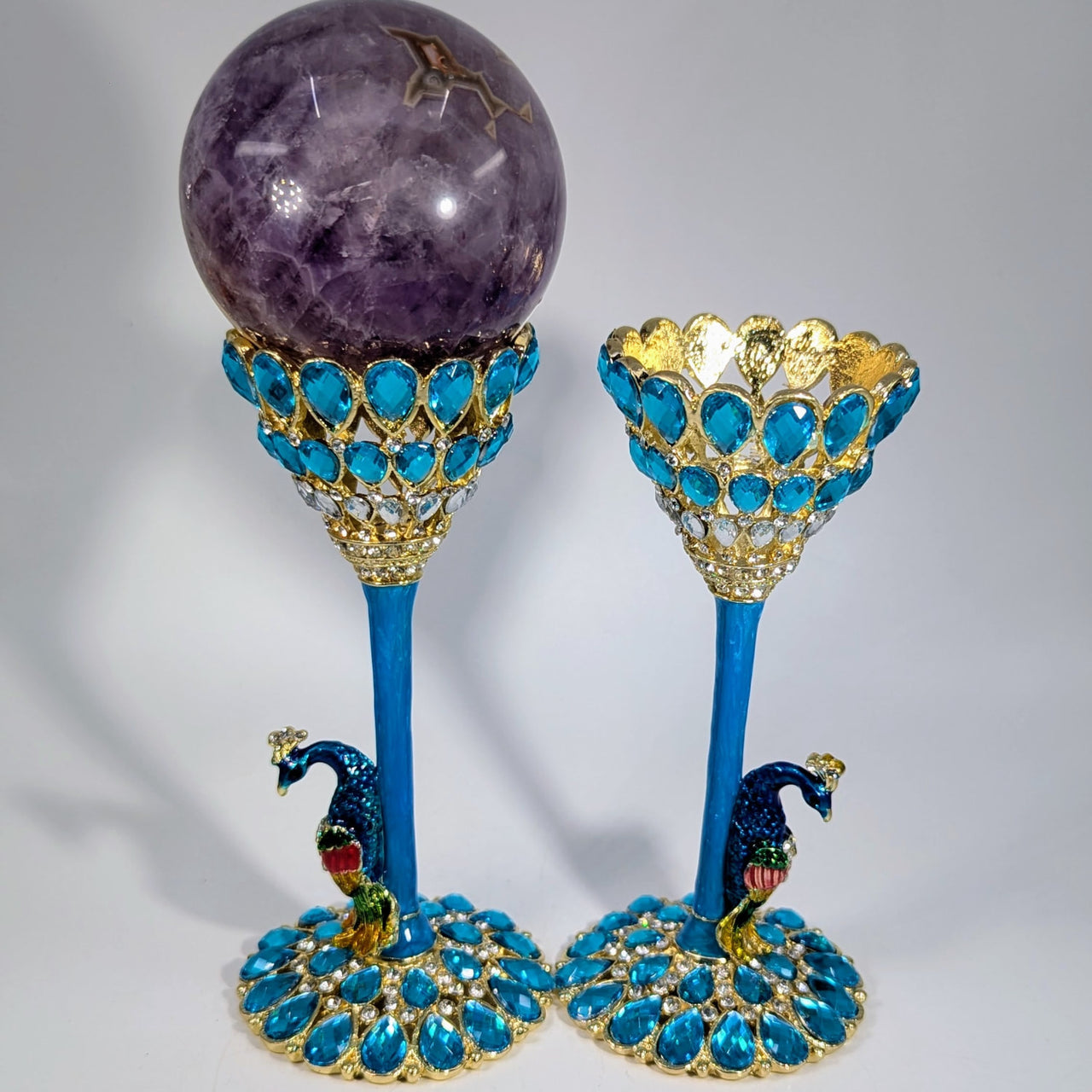 Ornate blue gold peacock candle holders with turquoise gems and amethyst spheres, 5.75’’ metal stand #BC0158