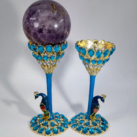 Ornate blue gold peacock candle holders with turquoise gems and amethyst spheres, 5.75’’ metal stand #BC0158