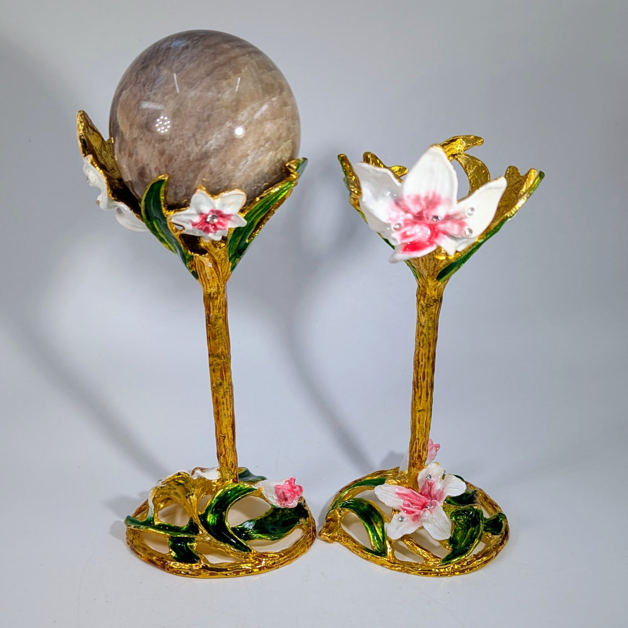 Golden lily flower pedestal with polished gray quartz sphere #BC0157