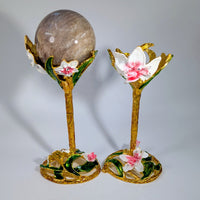 Golden lily flower pedestal with polished gray quartz sphere #BC0157