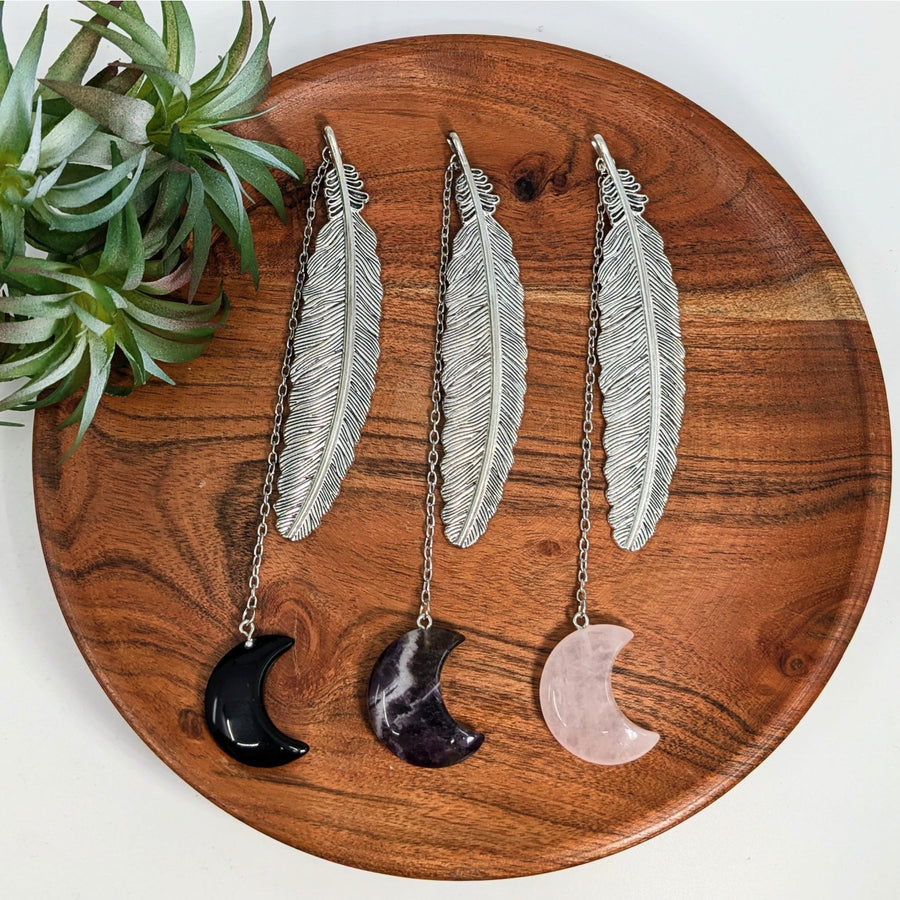 Three feather and crystal moon pendants for the Metal Feather Bookmark with Black Tourmaline Amethyst or Rose Quartz