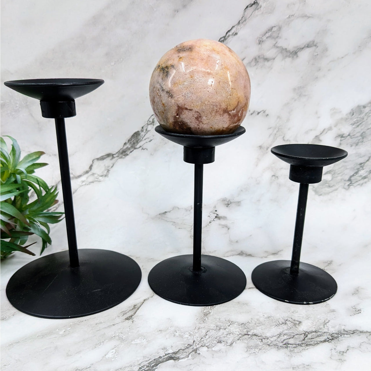 Metal Rotating Sphere Stand #LV4033 - Three Black Metal Candle Holders with Marble Globe
