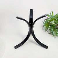 Black metal sphere stand with three prongs, 5 inches tall for decorative displays
