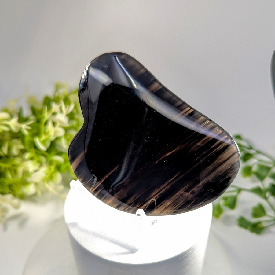 Midnight lace obsidian 3.3 inch gua sha polished black tiger eye stone with golden brown striations on white pedestal
