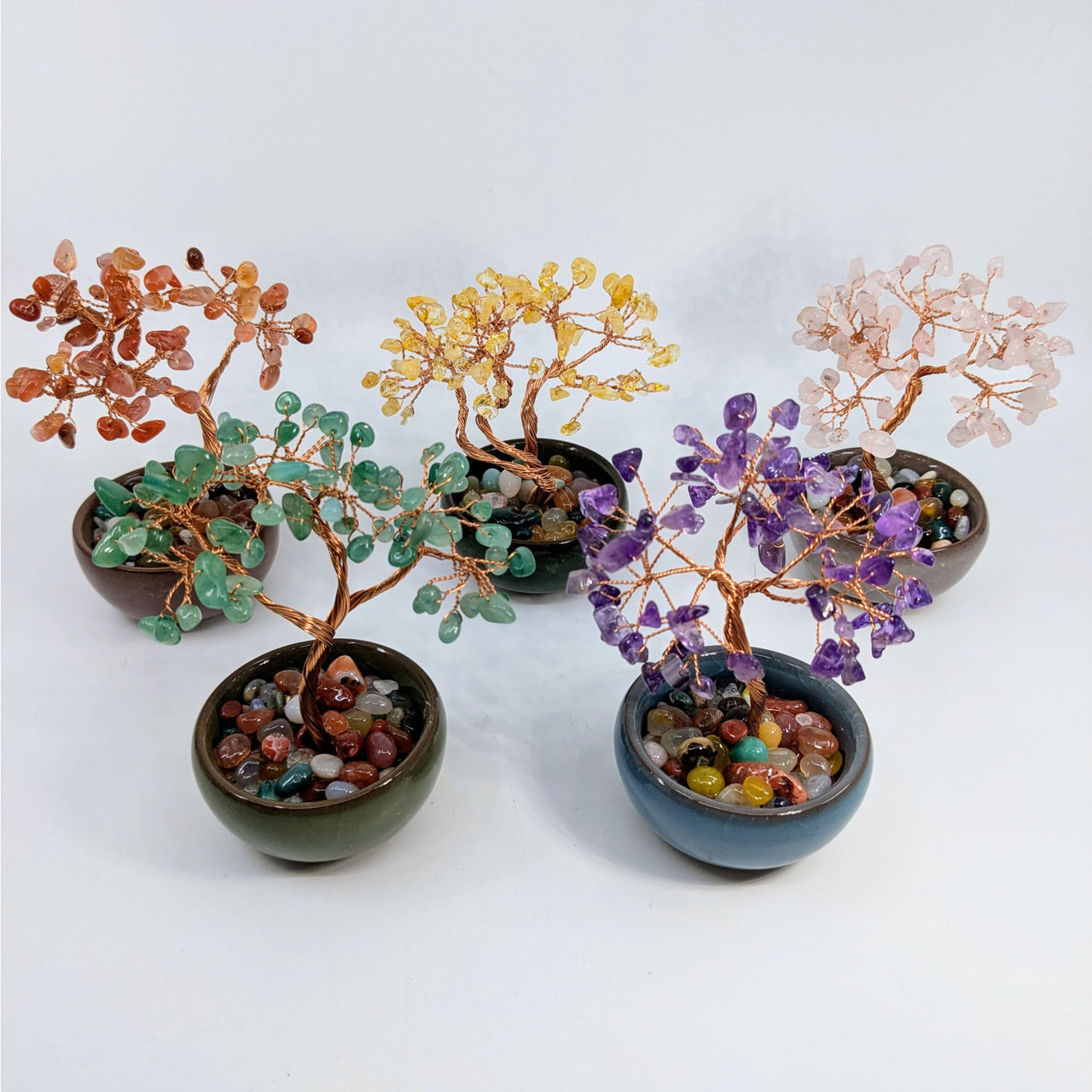 Mini Gem Tree 4 in Pot with Stones featuring colorful crystal leaves in ceramic pots