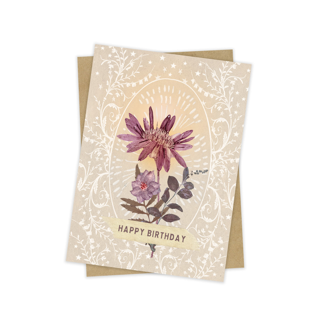 Mini greeting card Bright Tan Birthday SC0212 with purple flowers