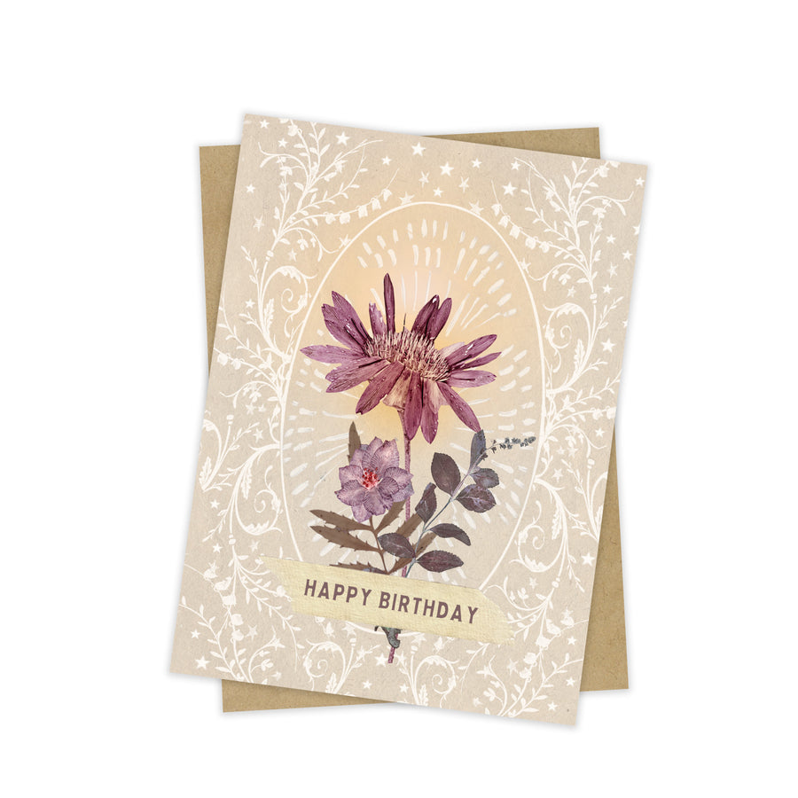 Mini greeting card Bright Tan Birthday SC0212 with purple flowers