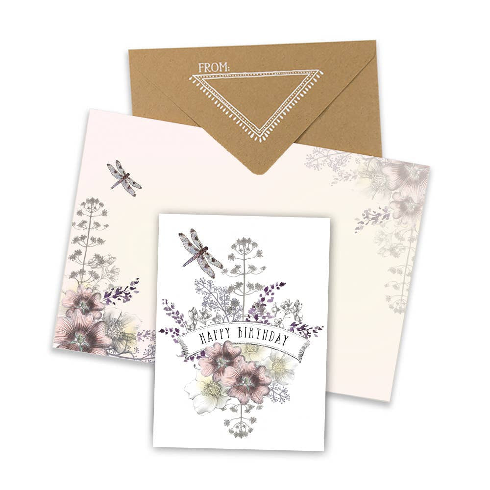 Mini Dragonfly Birthday greeting card with pink flowers, gray dragonflies, ribbon banner, cream envelopes #SC0151