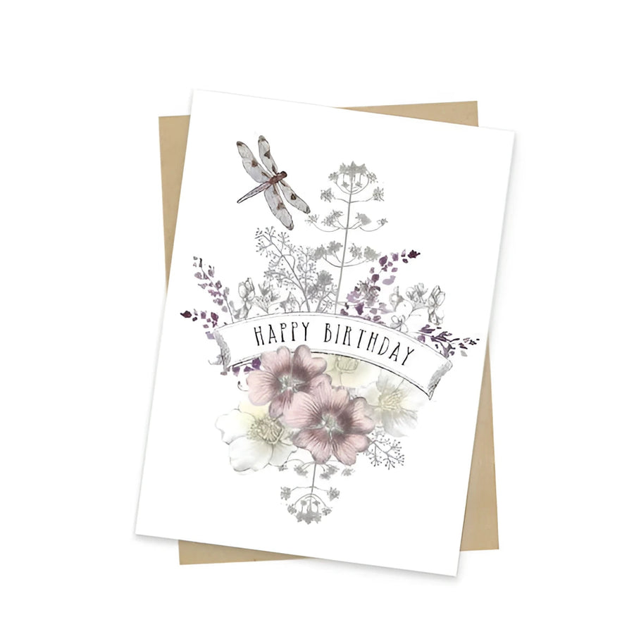 Mini dragonfly birthday greeting card SC0151 with purple gray botanicals