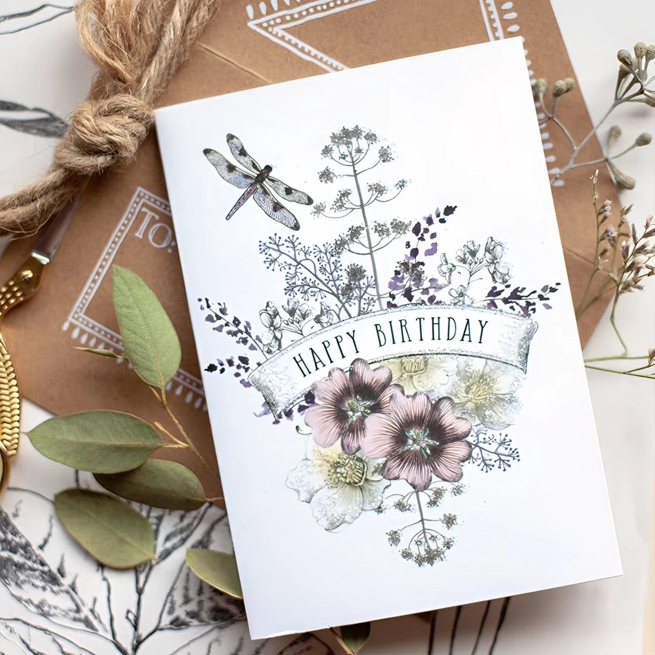 Mini Dragonfly Birthday greeting card with pink purple flowers #SC0151