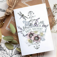Mini Dragonfly Birthday greeting card with pink purple flowers #SC0151