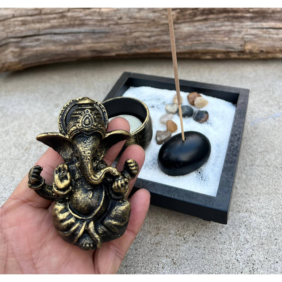 Bronze-colored Ganesha statue in Mini Zen Garden Ganesh Statue Candle and Incense Holder