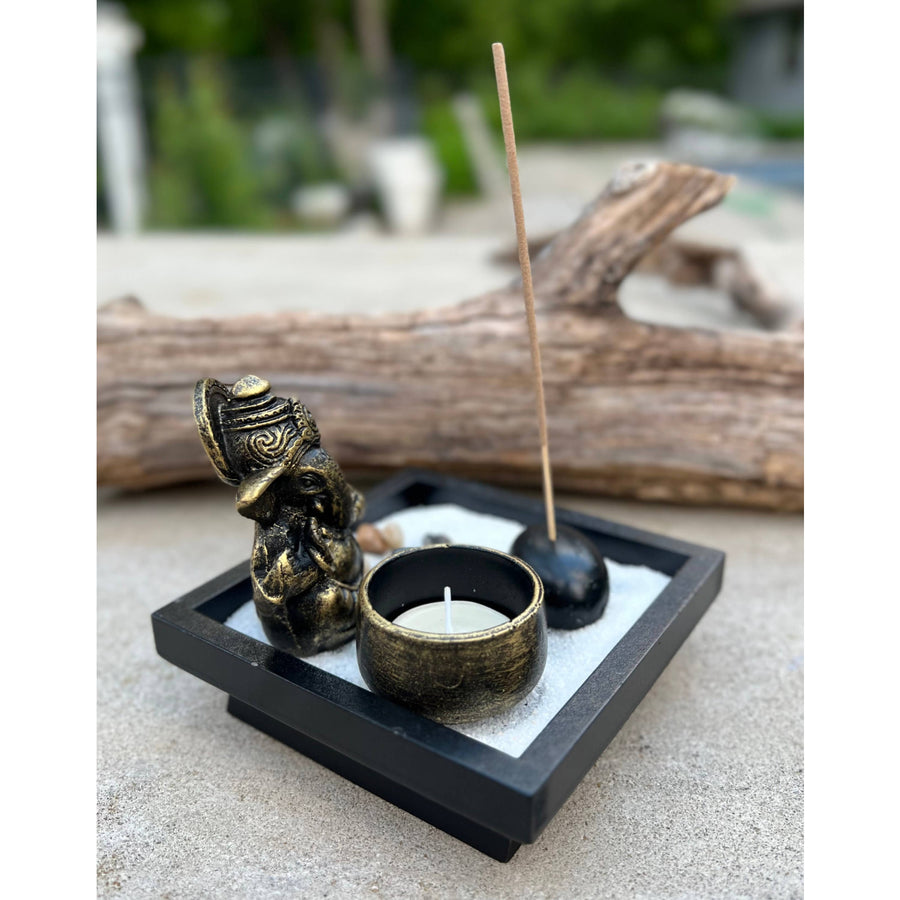 Miniature Zen Garden with Ganesh Statue Candle and Incense Holder for Meditation