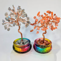 Mixed crystal gem tree with labradorite and carnelian leaves in resin pot