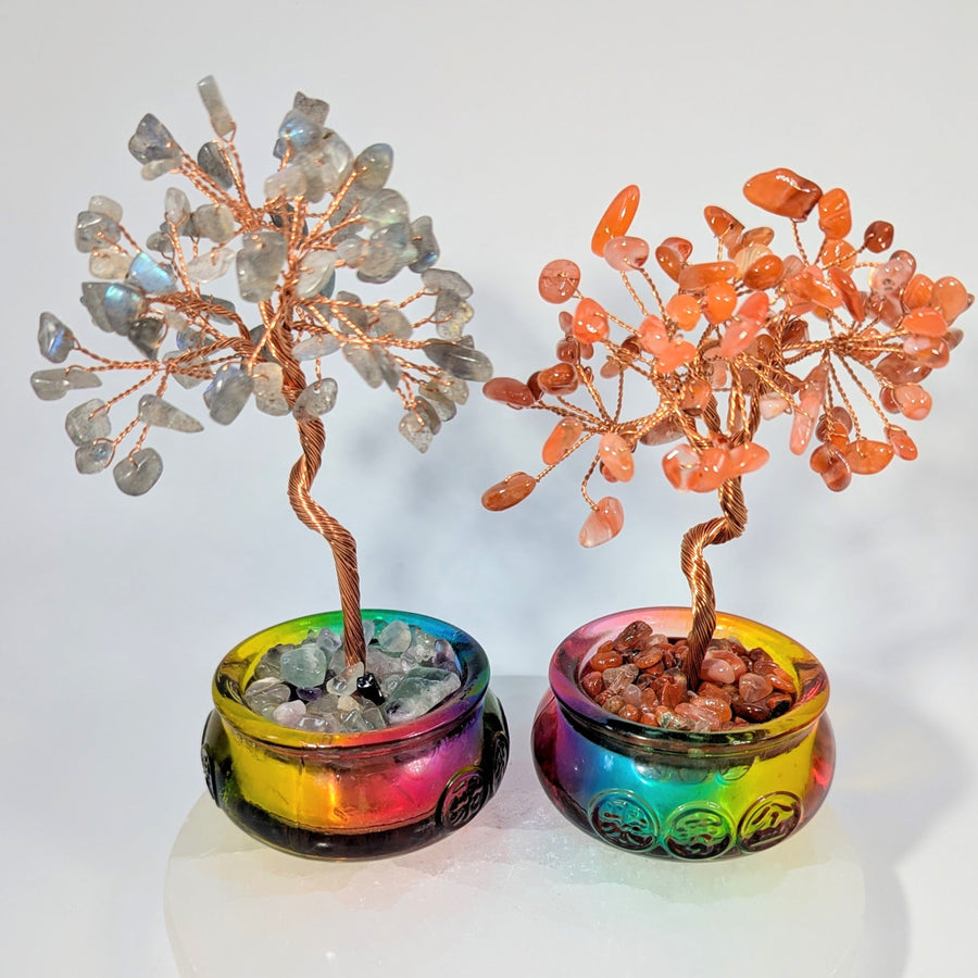 Mixed crystal gem tree with labradorite and carnelian leaves in resin pot
