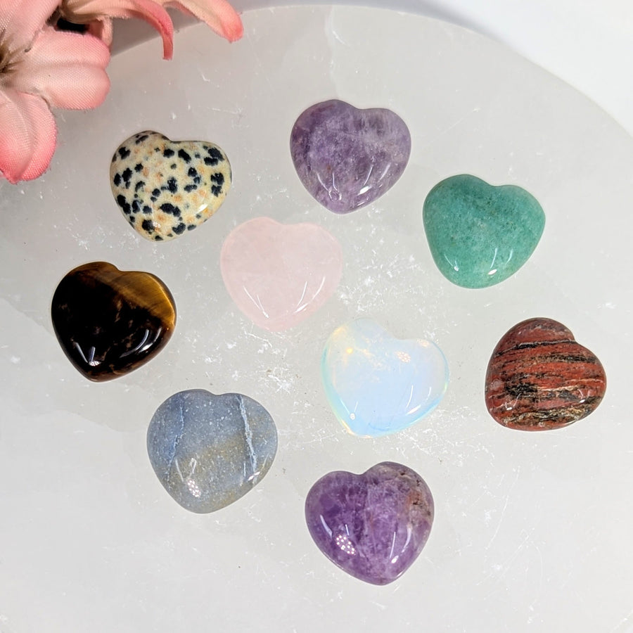 Mixed crystal mini heart carvings in colors like purple green pink blue, 0.73-0.80 inch
