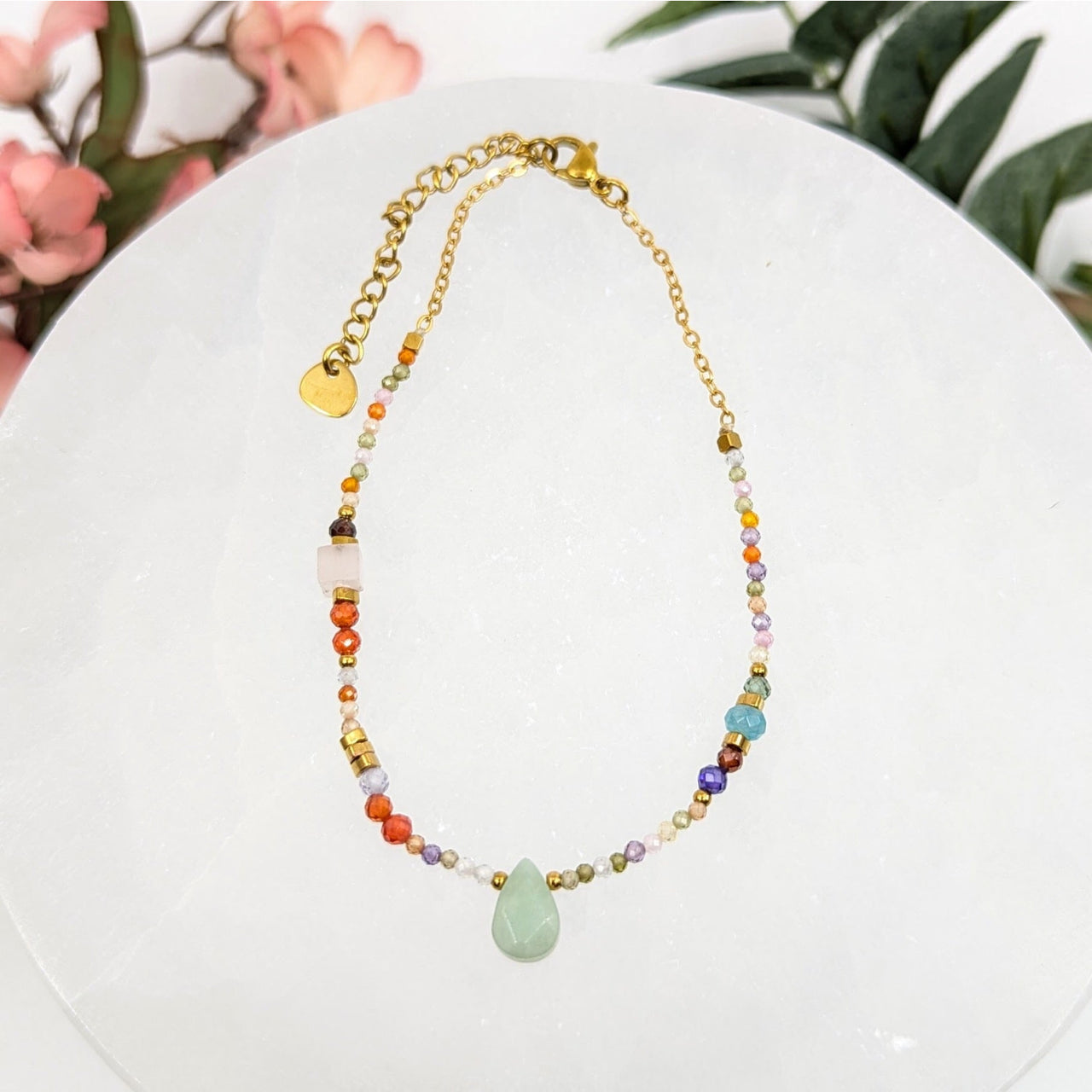 Gold chain necklace with colorful beads and a teardrop pendant for Mixed Stone Adj Anklet LV8316