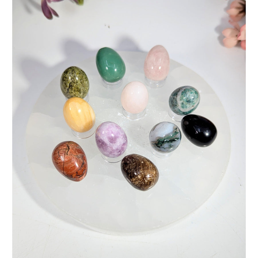 Polished mixed stone mini eggs, 0.75 x 1 inch, #BC0475 on acrylic stands