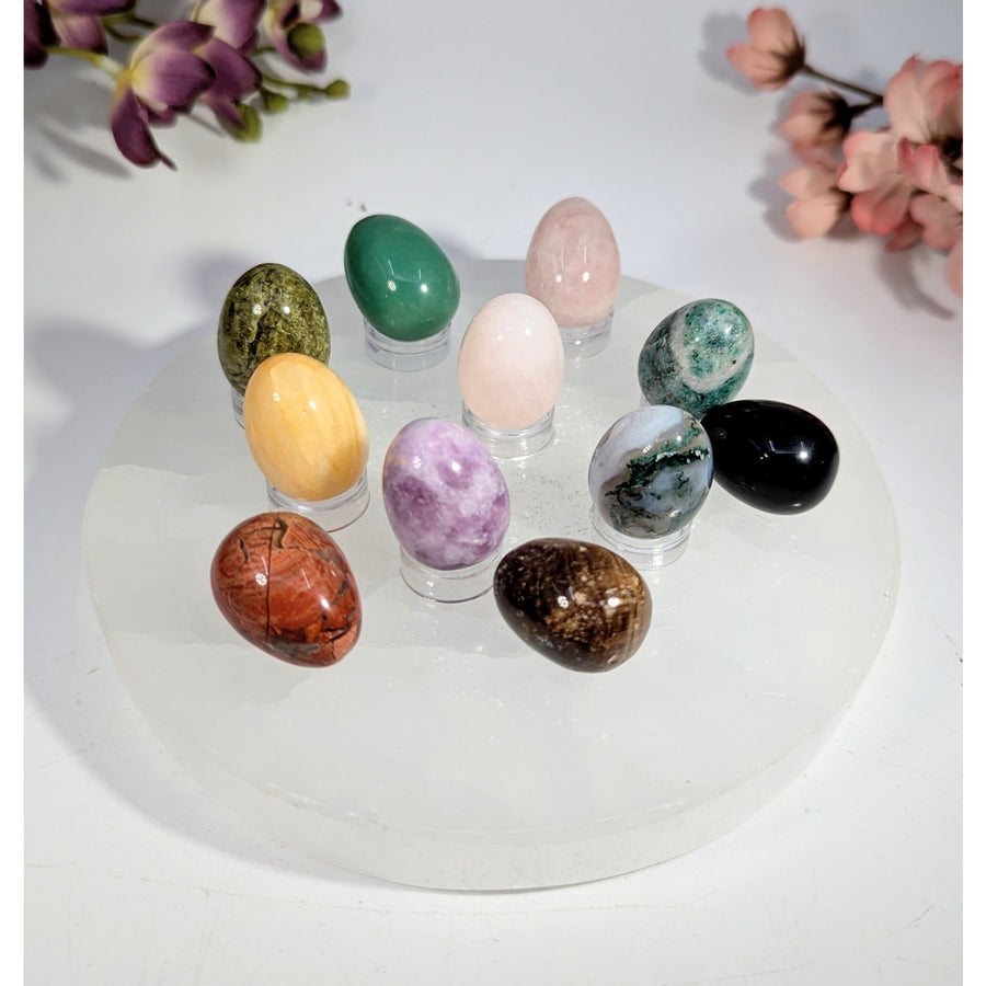 Mixed stone mini egg 0.75 x 1 inch gemstone collection on acrylic stand