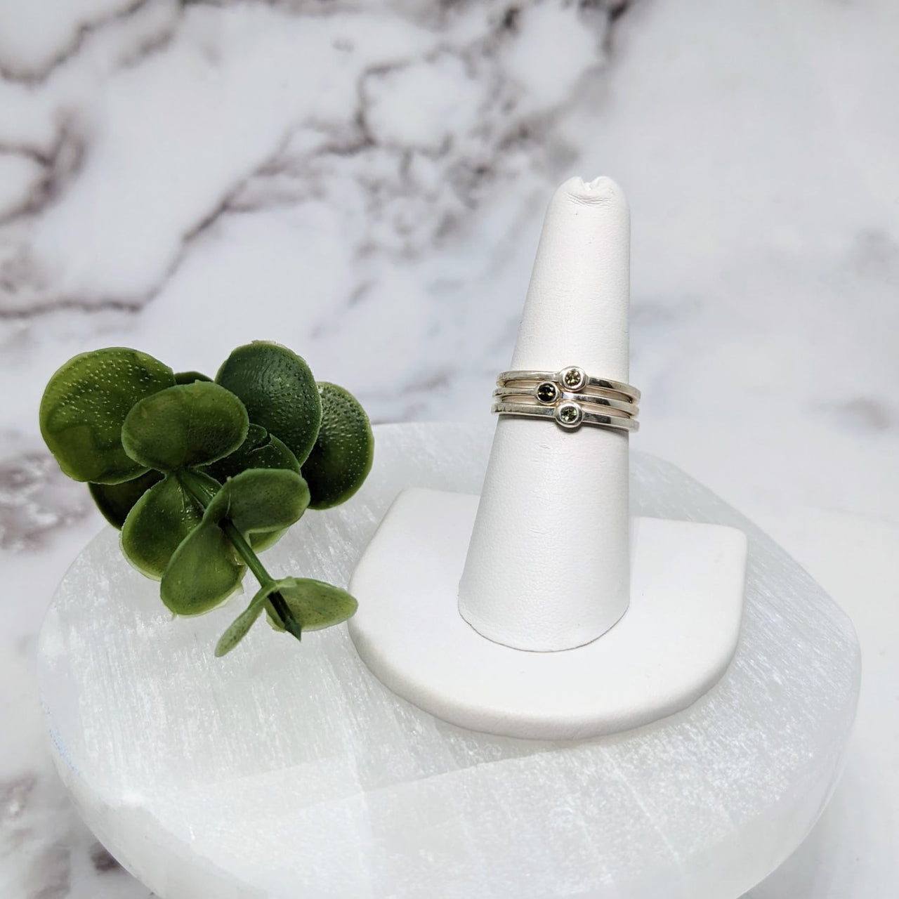 Moldavite .4’ S.S. Stackable Ring #LV3960 - White ring with green leaf accent