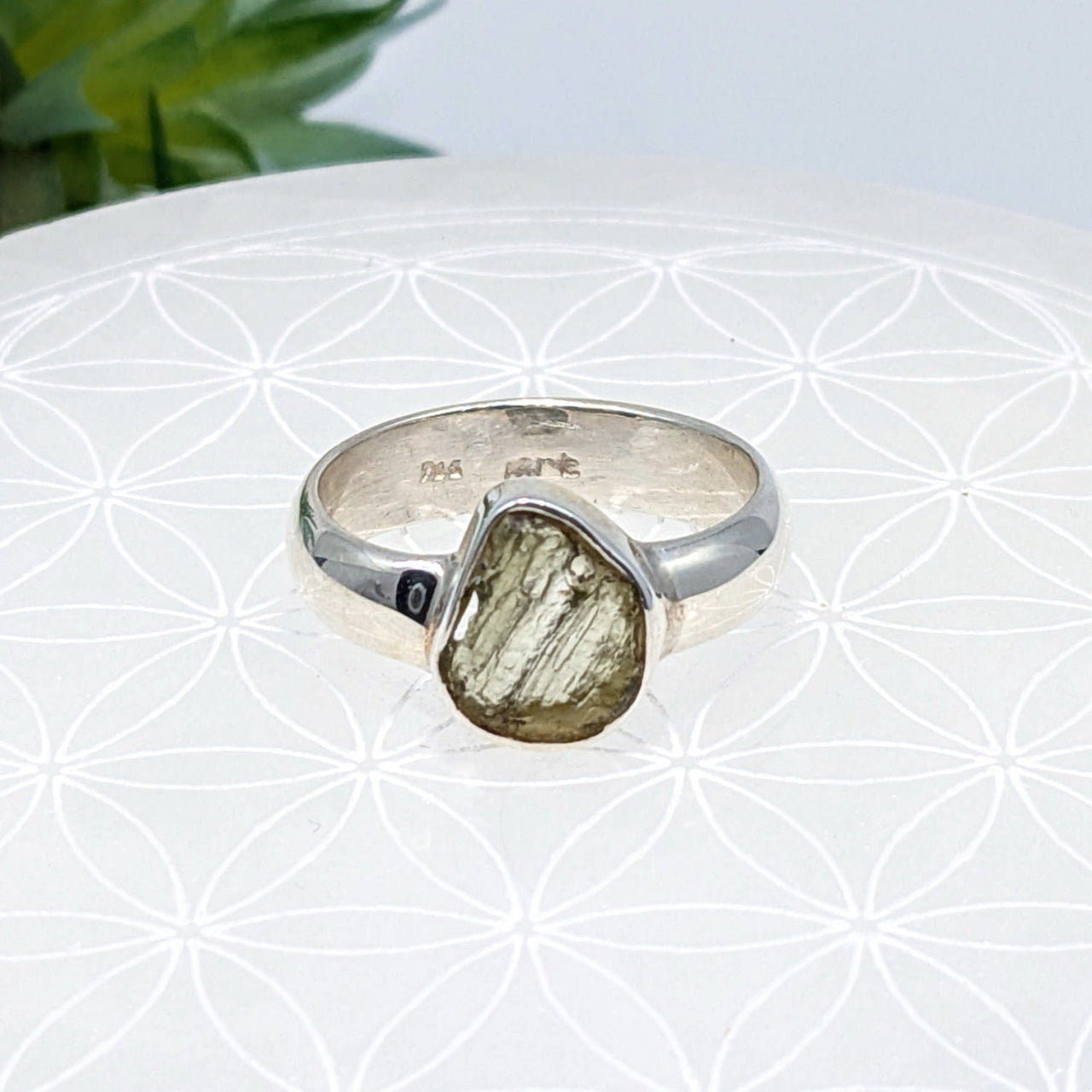 Sterling silver Moldavite ring with a raw pyrite crystal in bezel setting