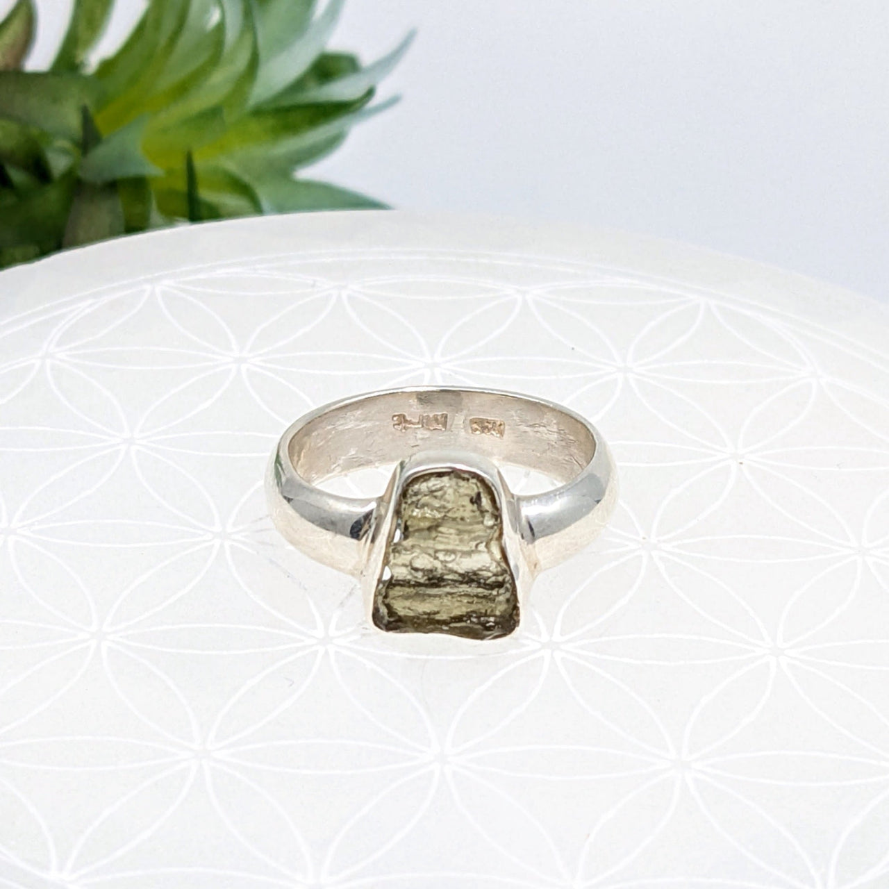 Sterling silver Moldavite ring with rough pyrite stone setting for energy crystals jewelry