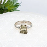 Thumbnail for Sterling silver Moldavite ring with rough pyrite stone setting for energy crystals jewelry