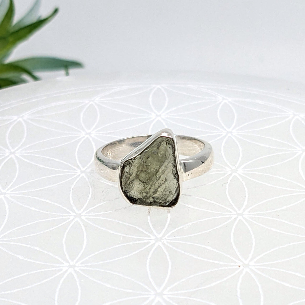 Raw Moldavite crystal set in a sterling silver ring for energy and crystal lovers