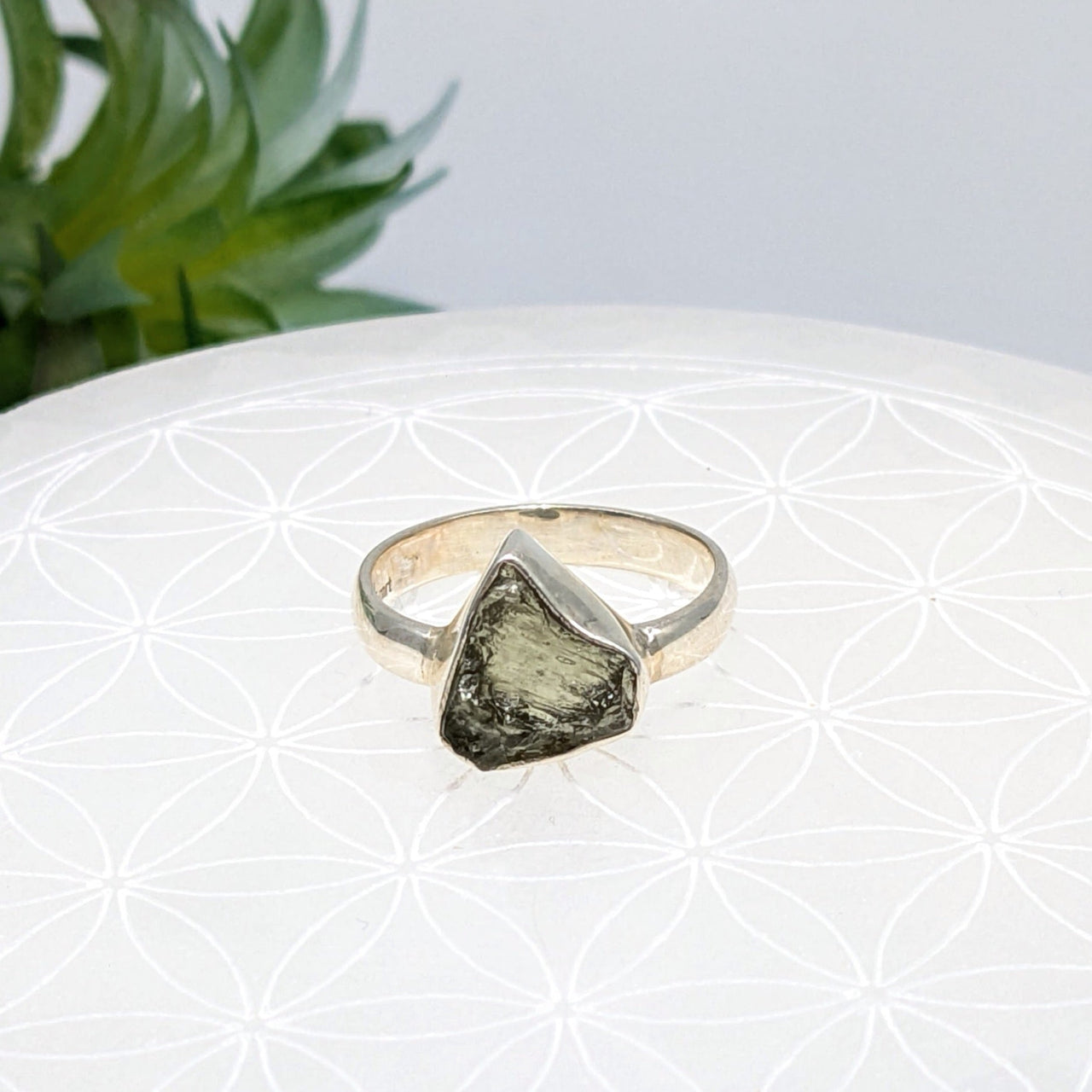 Silver ring with uncut Moldavite stone, a unique piece of crystals jewelry