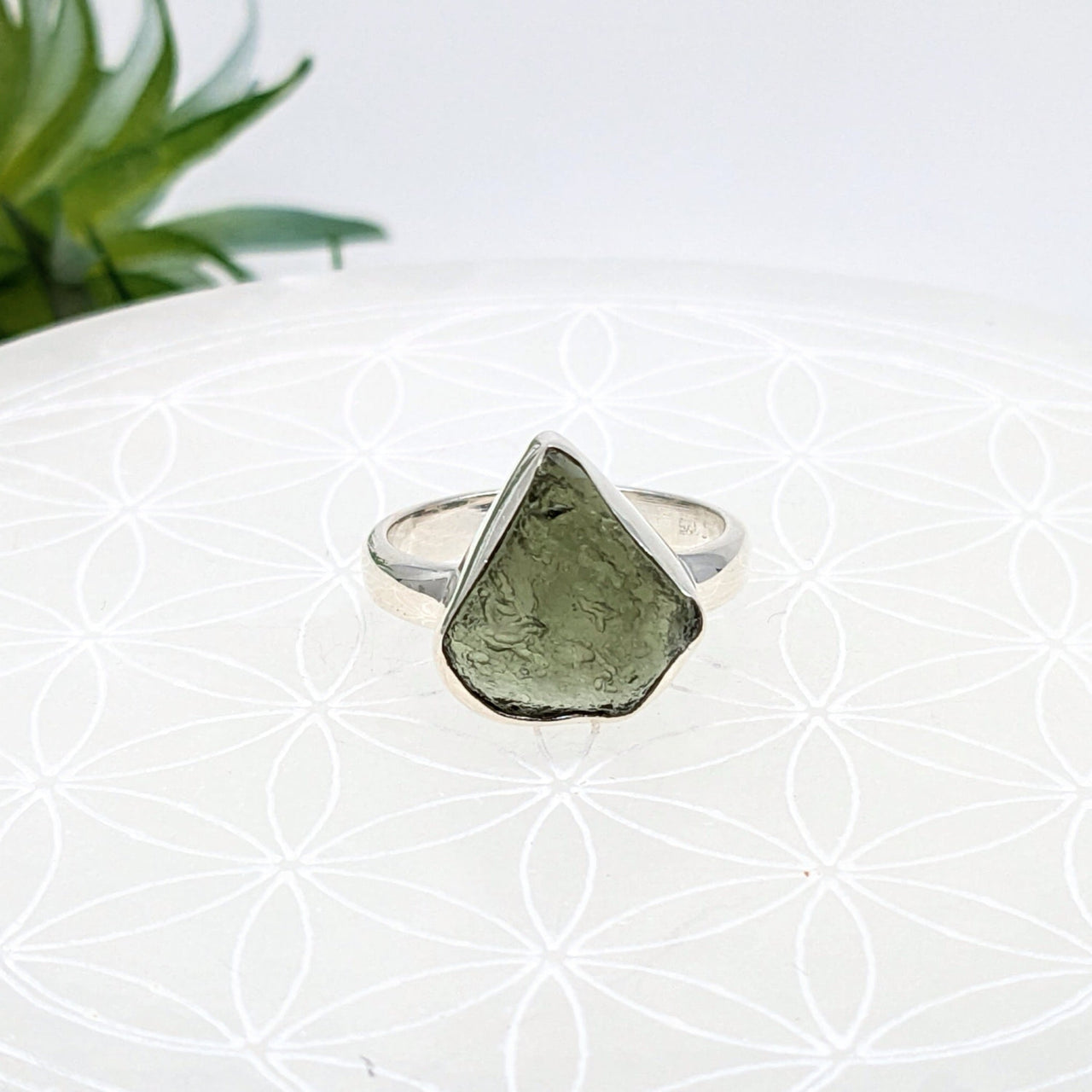 Silver ring with raw Moldavite crystal in geometric setting, perfect energy crystals jewelry