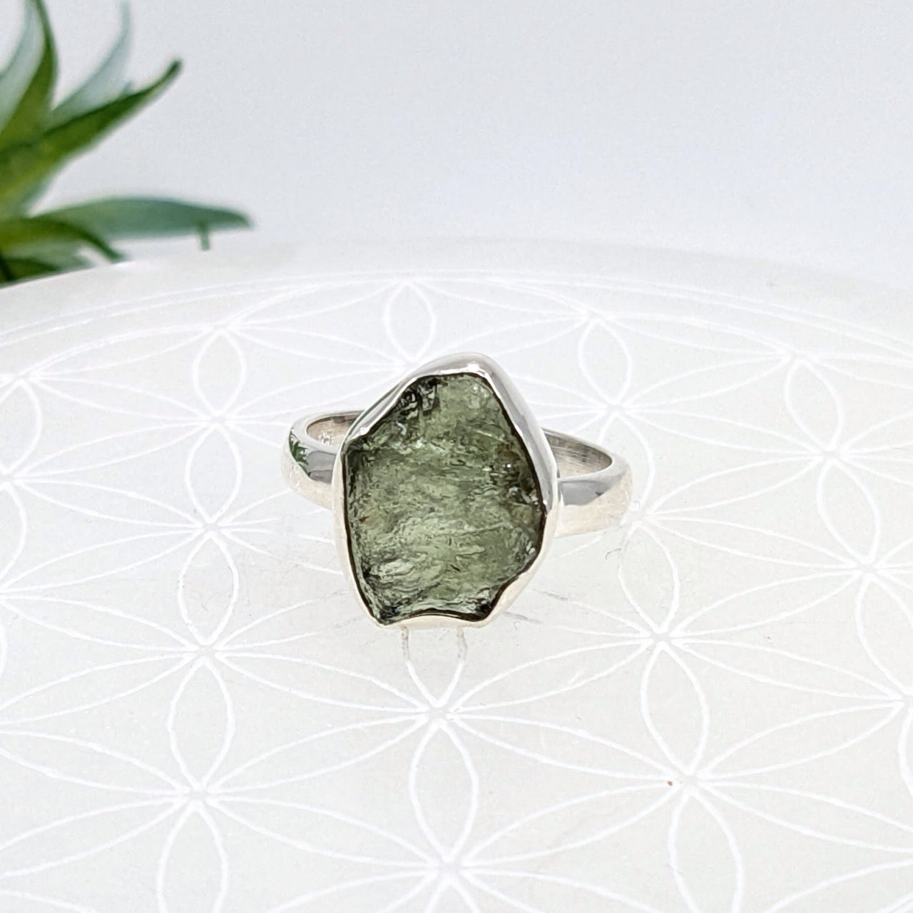 Raw Moldavite crystal set in a sterling silver ring for energy crystal jewelry