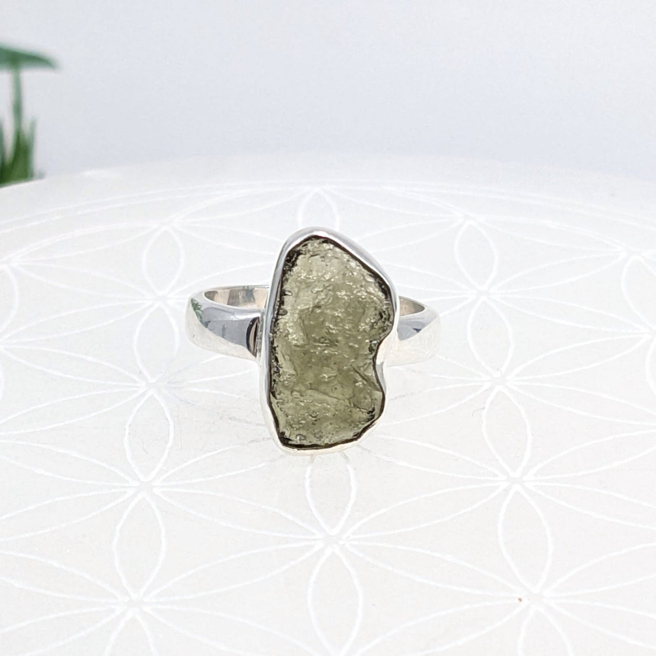 Raw Moldavite crystal set in a sterling silver ring for energy and crystal lovers