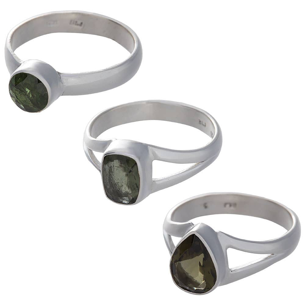 Moldavite Faceted Assorted Shapes Sterling Silver Ring #BC0404