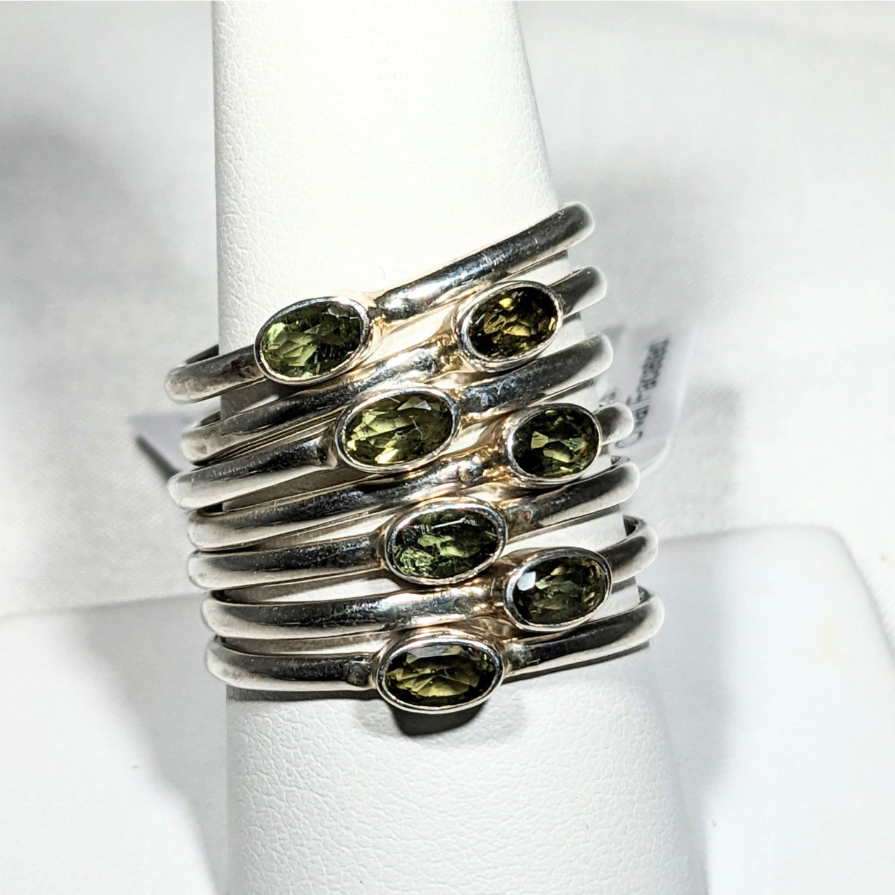 Stack of green Moldavite gem rings in sterling silver - Faceted Oval Cut #SK2619