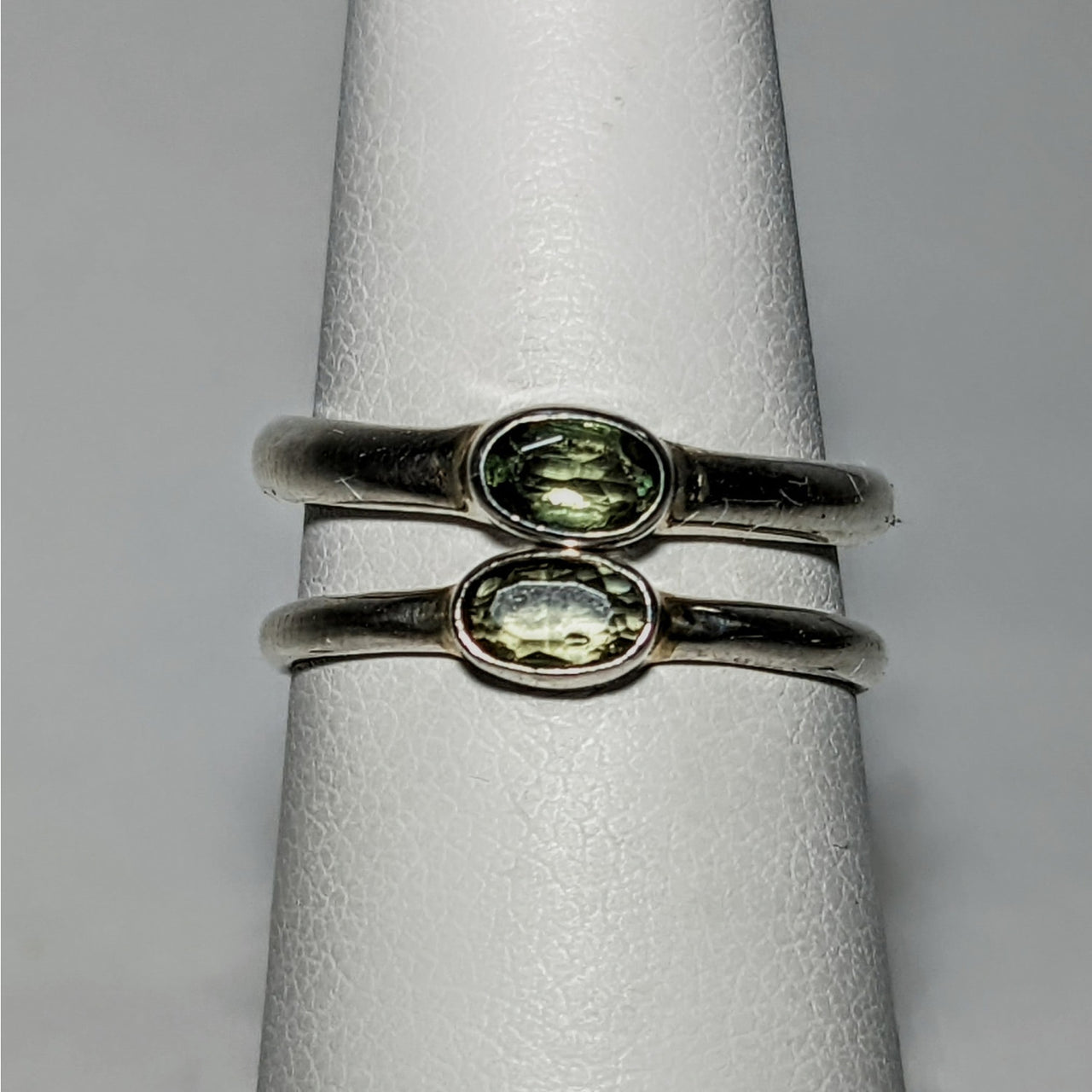 Moldavite Faceted Oval Cut, Sterling Silver Ring #SK2619 with green stone centerpiece