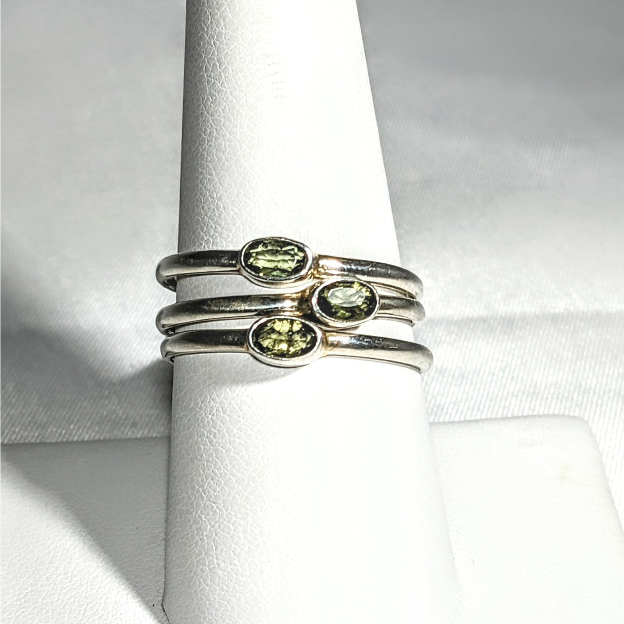 Moldavite Faceted Oval Cut Sterling Silver Ring #SK2619 with Green Stone