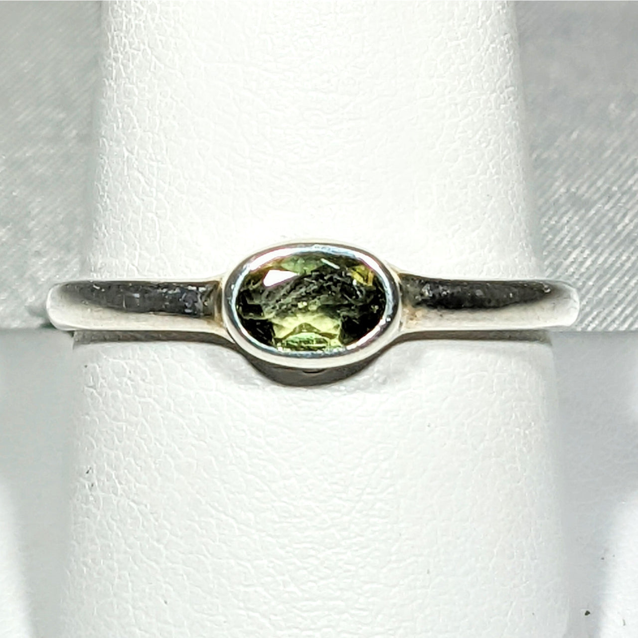 Moldavite Faceted Oval Cut Sterling Silver Ring #SK2619 with a green stone