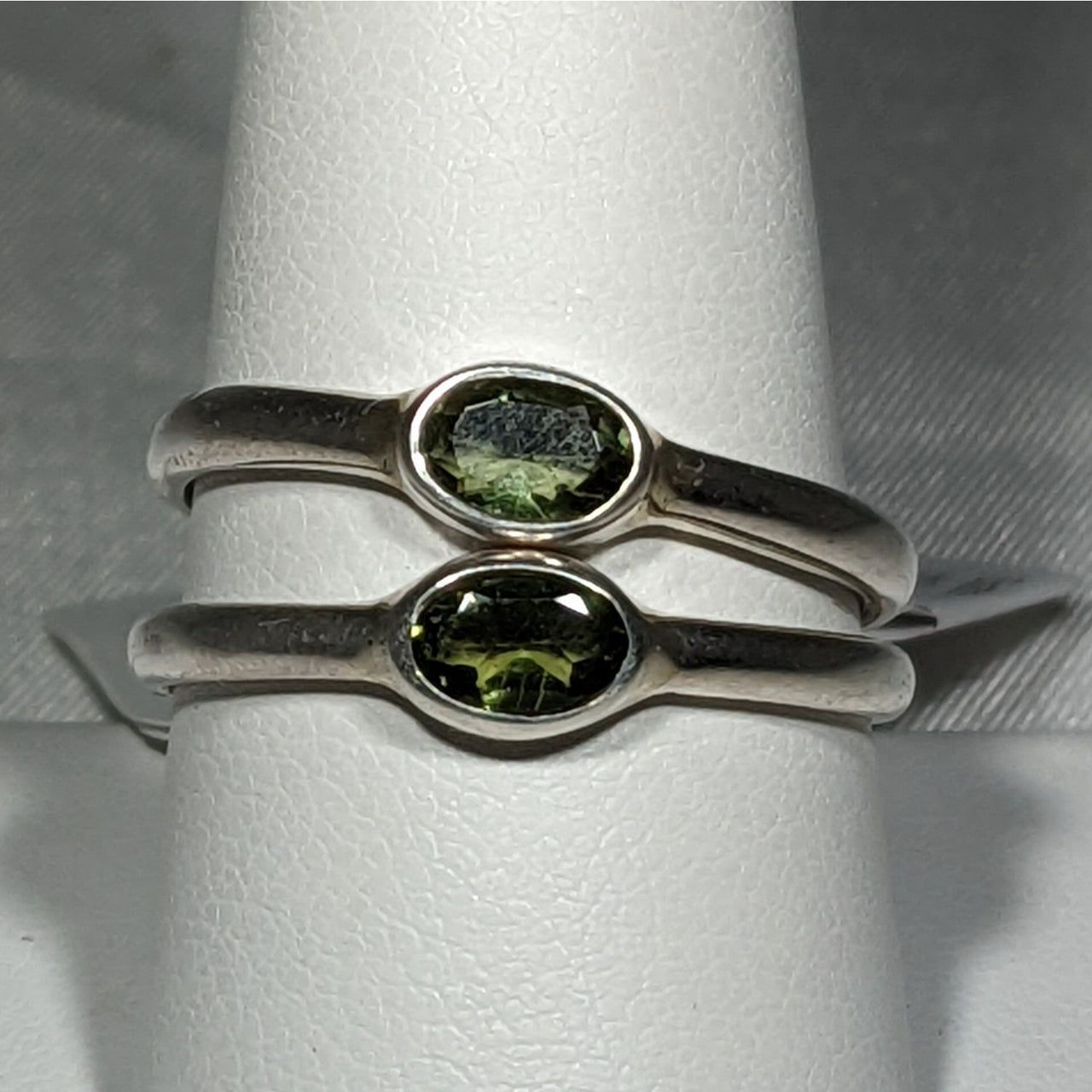 Moldavite Faceted Oval Cut Sterling Silver Ring SK2619 with a striking green stone