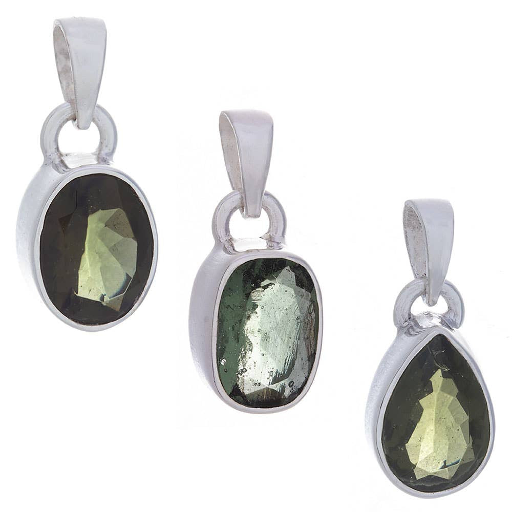 Moldavite Faceted Pendant Sterling Silver Assorted Shapes 20mm #BC0403