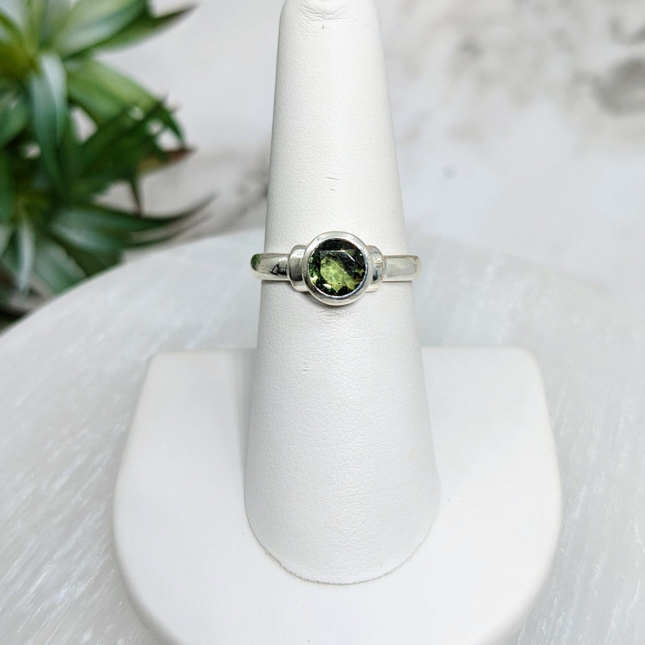 Green Tourmaline Ring on White Pedestal - Moldavite S.S. Round Faceted Ring #LV5027