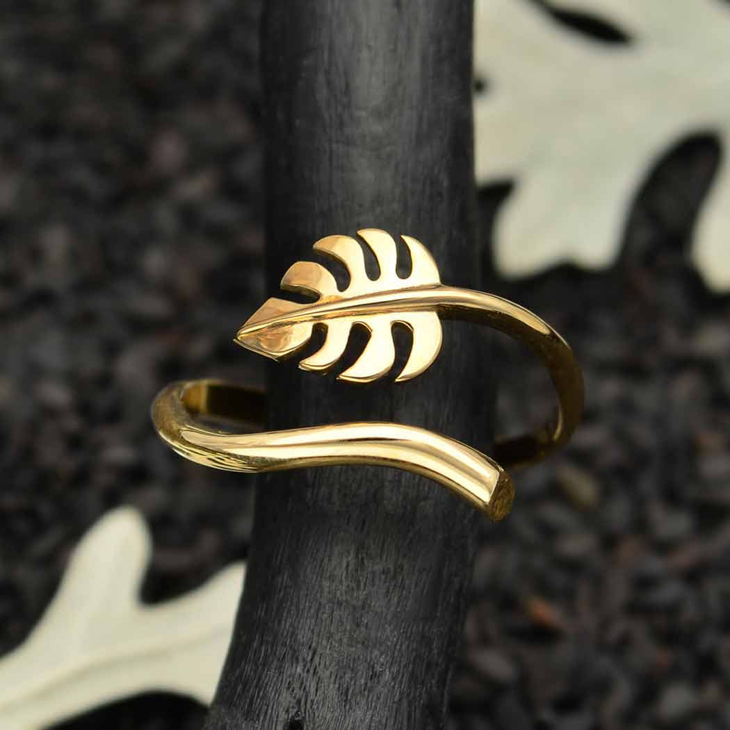 Gold Monstera Leaf Ring with Adjustable Bronze Finish - Product #J017