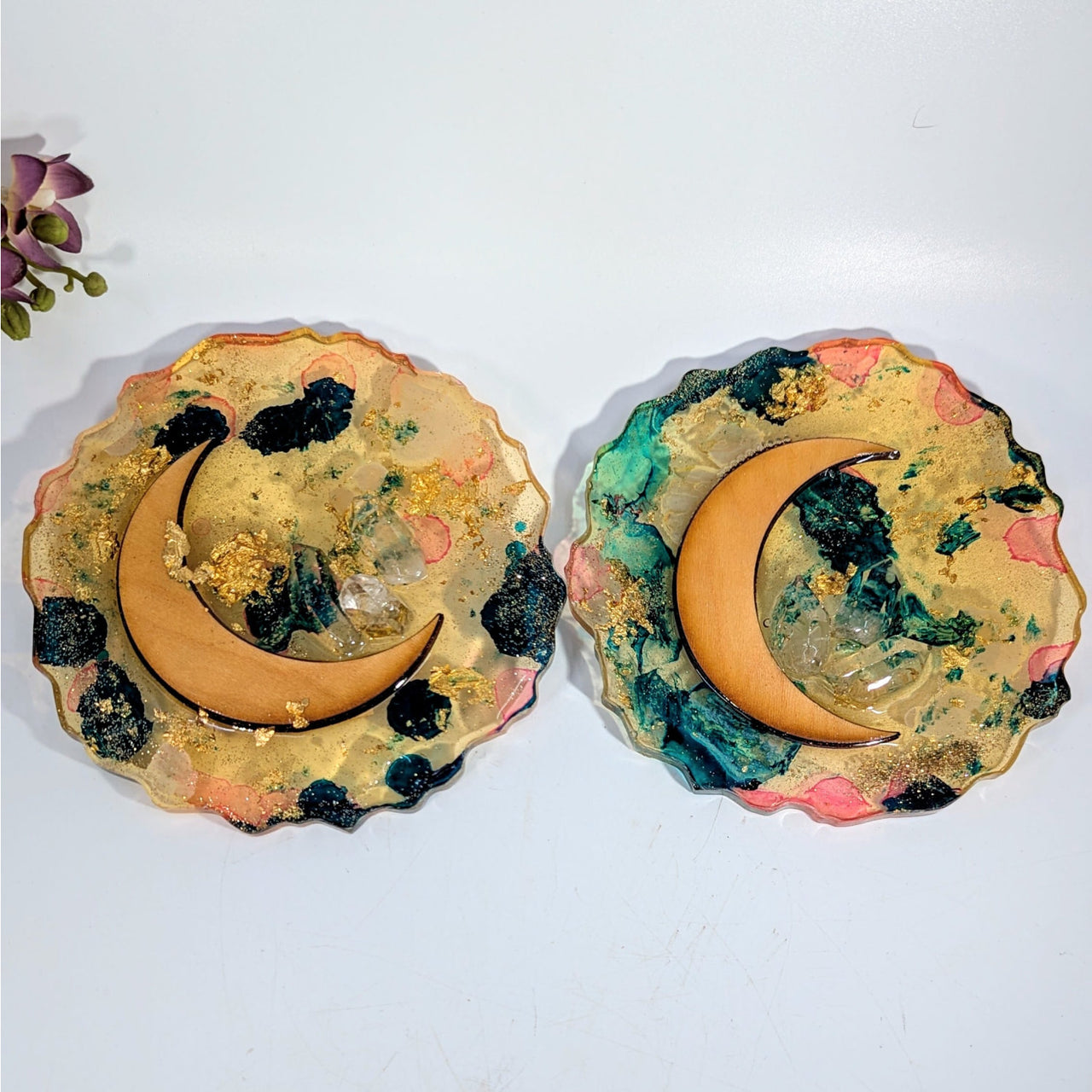 Moon and Crystal 4.75’’ resin coasters with gold leaf crescent moon art #NBG009