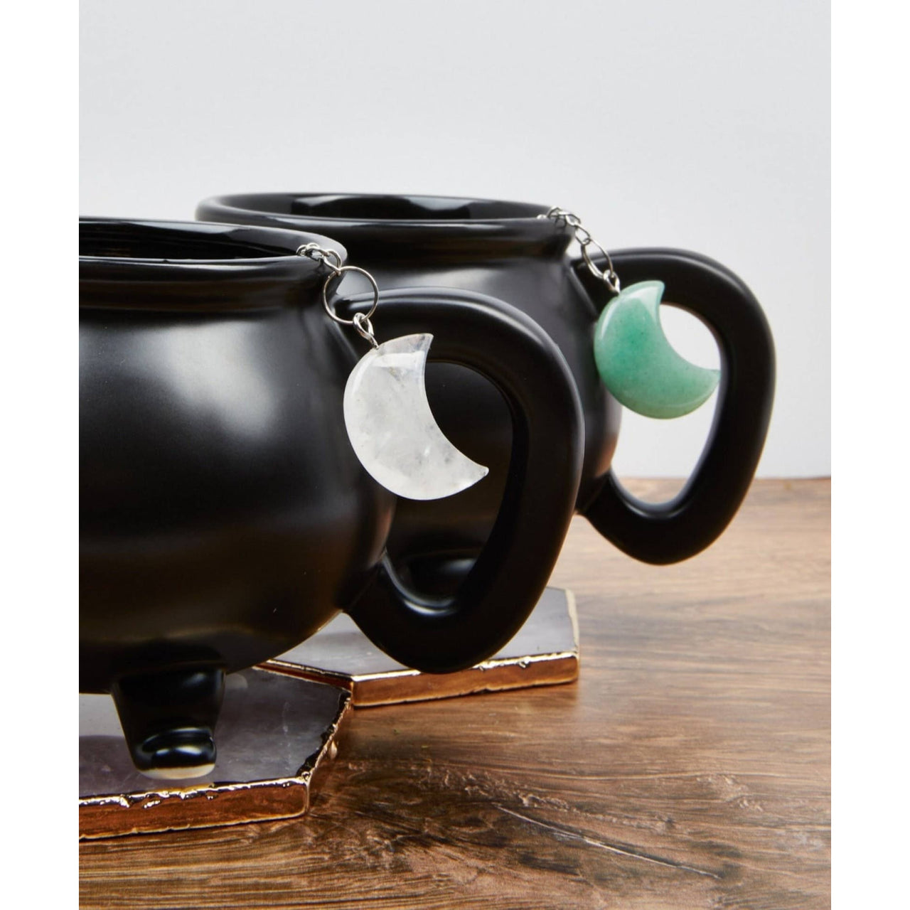 Black mug with a green and white stone - Moon Crystal Tea Infuser, Tea Ball #LV5490